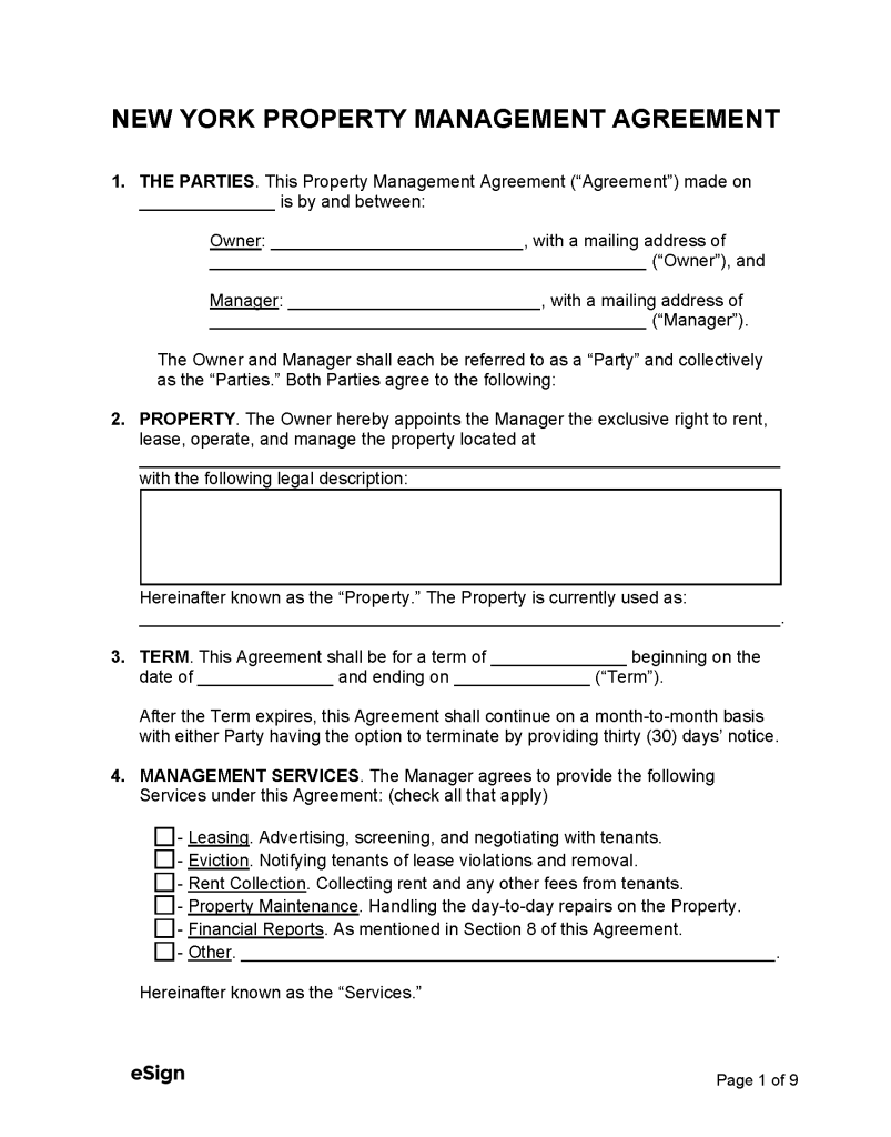 Free New York Property Management Agreement PDF Word