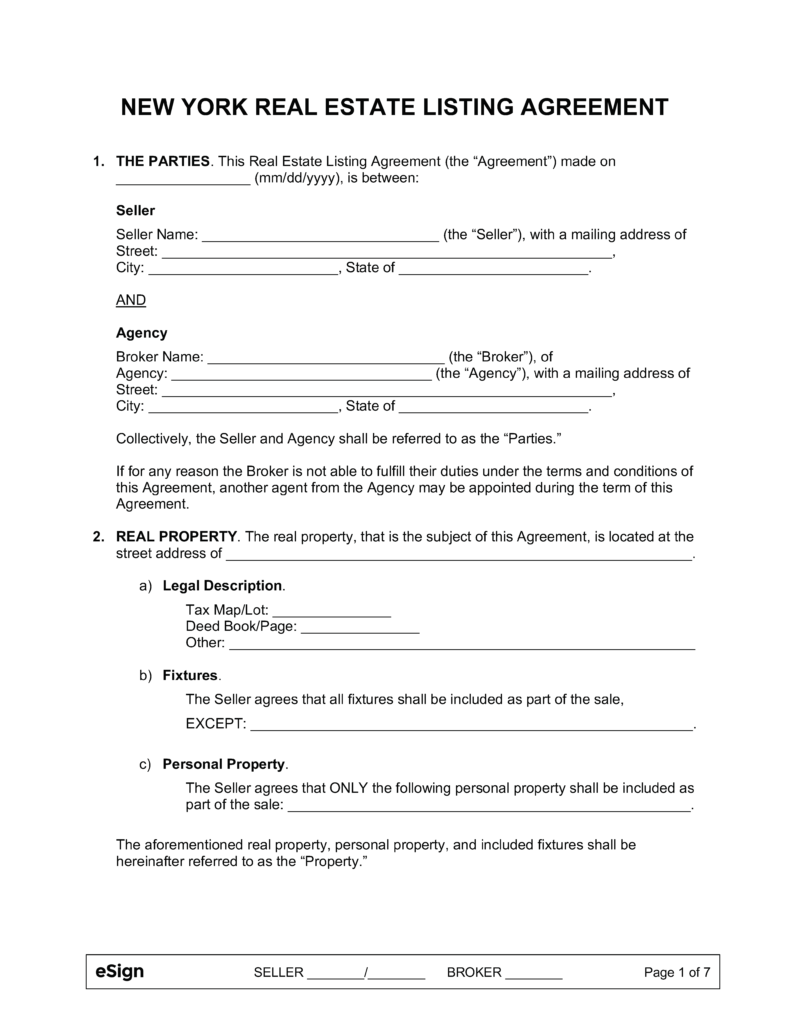 Free New York Real Estate Listing Agreement PDF Word