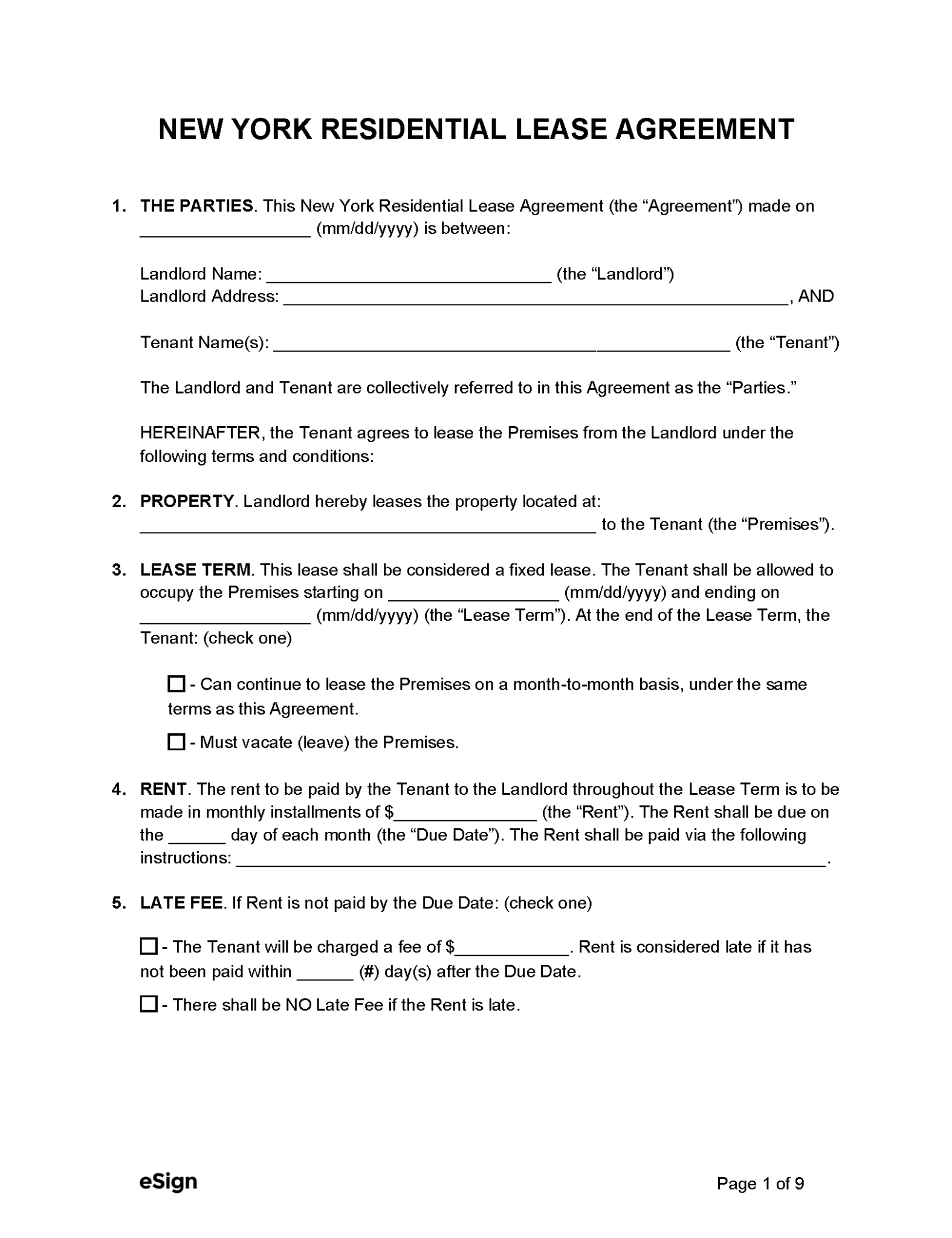 Free New York Standard Residential Lease Agreement Template PDF