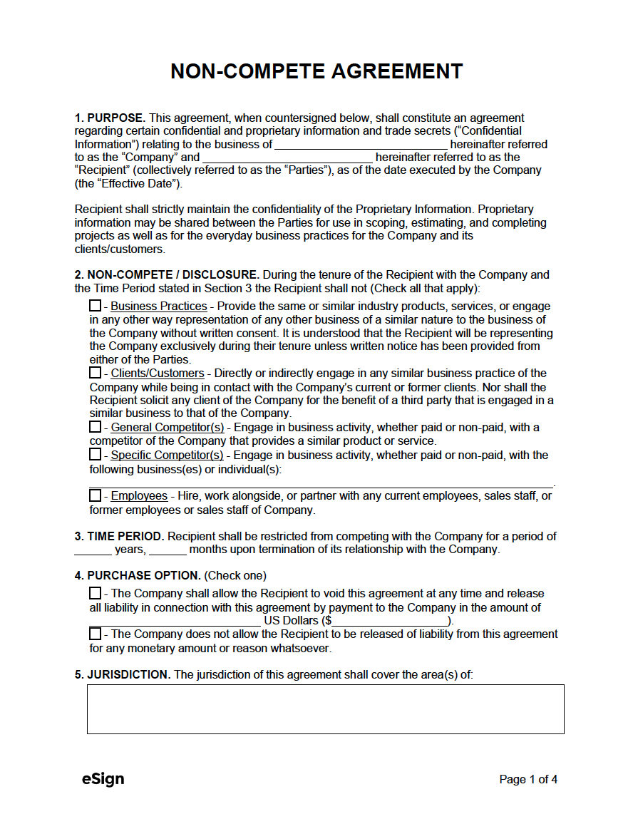 Free Non Compete Agreement Template PDF Word