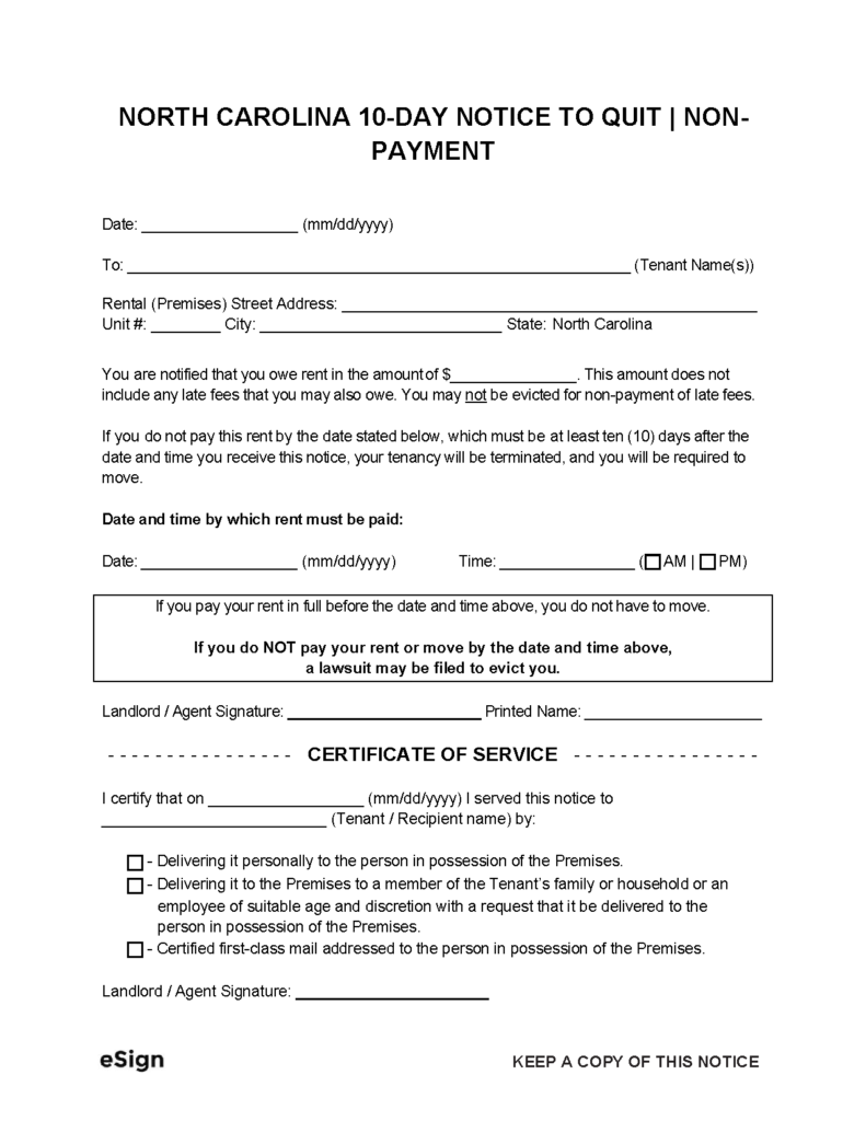 Free North Carolina 10-Day Notice to Quit | Non-Payment | PDF | Word