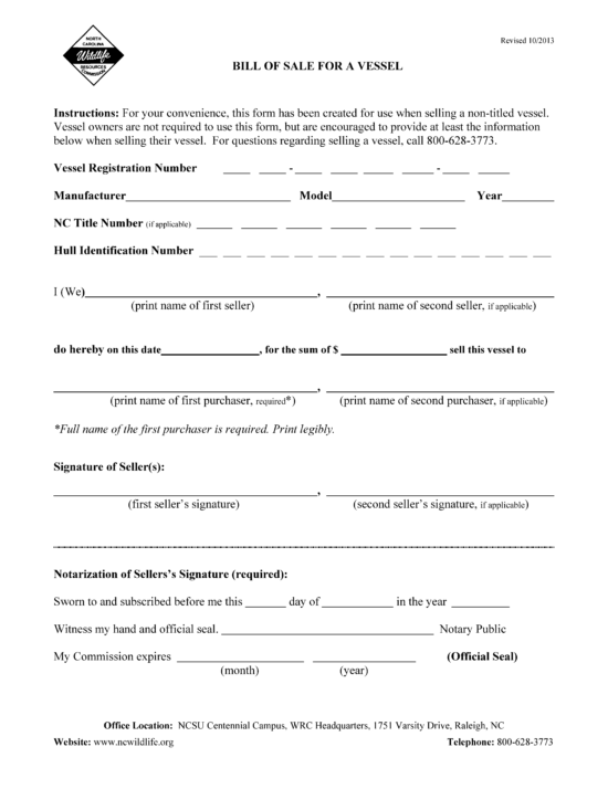 Free North Carolina Boat Bill of Sale Form PDF