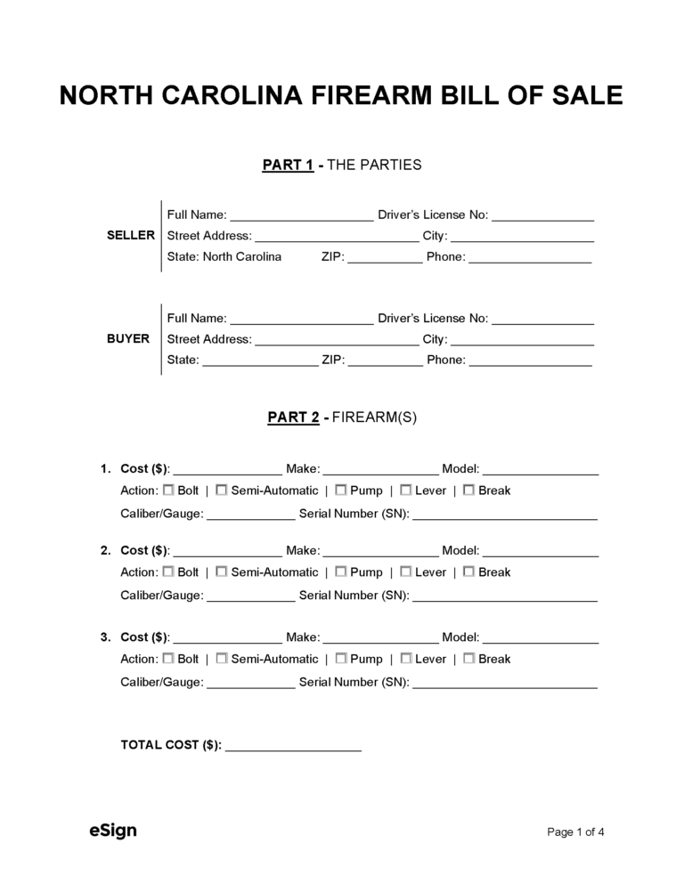 Free North Carolina Firearm Bill of Sale Form PDF Word