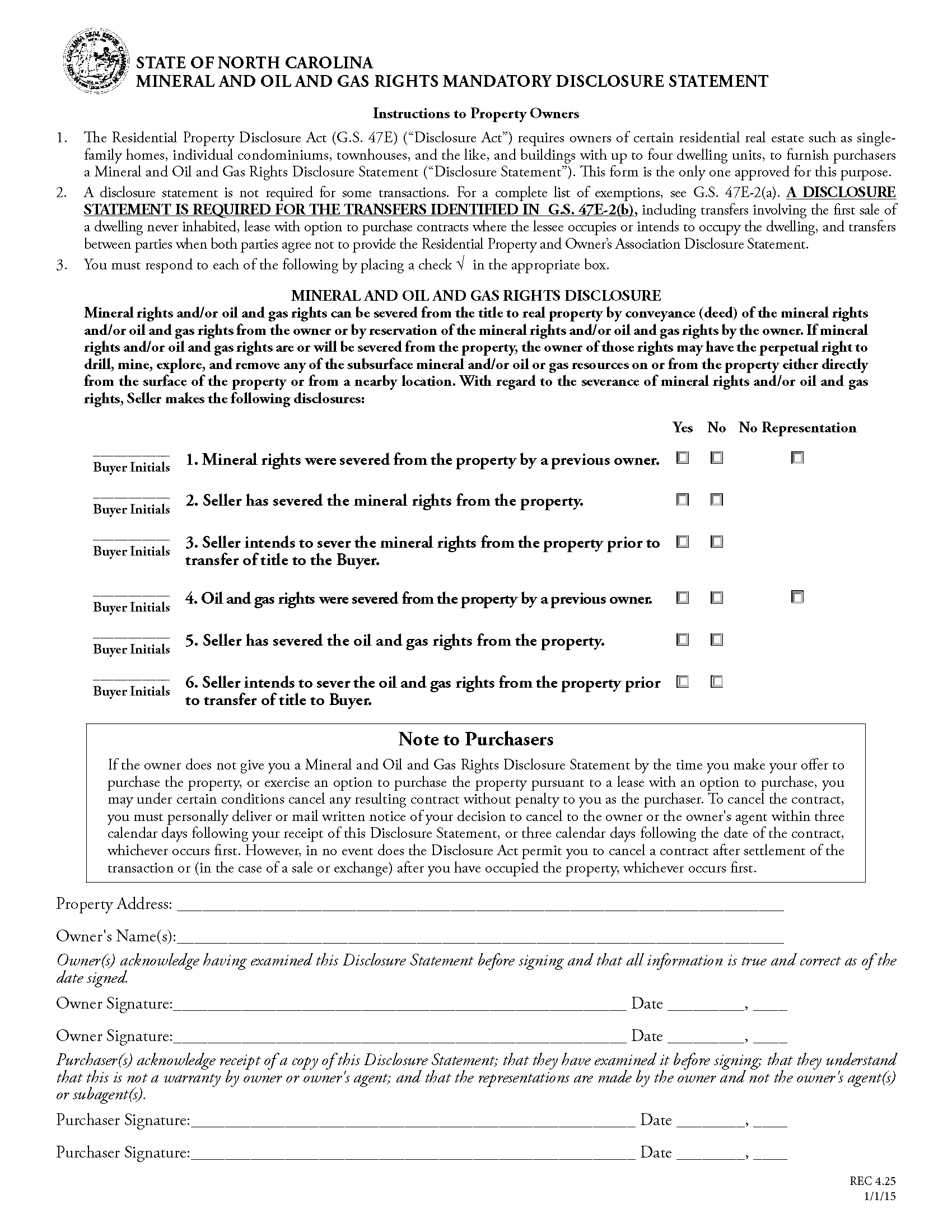 Free North Carolina Residential Purchase and Sale Agreement PDF Word