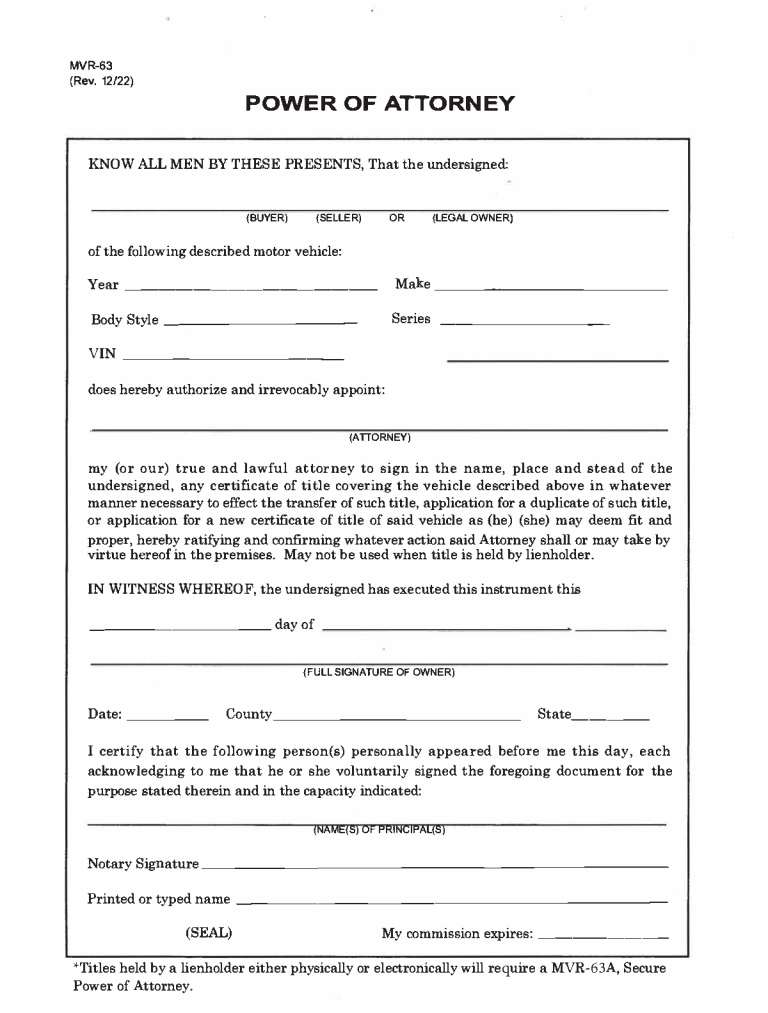 Free North Carolina Motor Vehicle Power of Attorney (Form MVR-63) | PDF