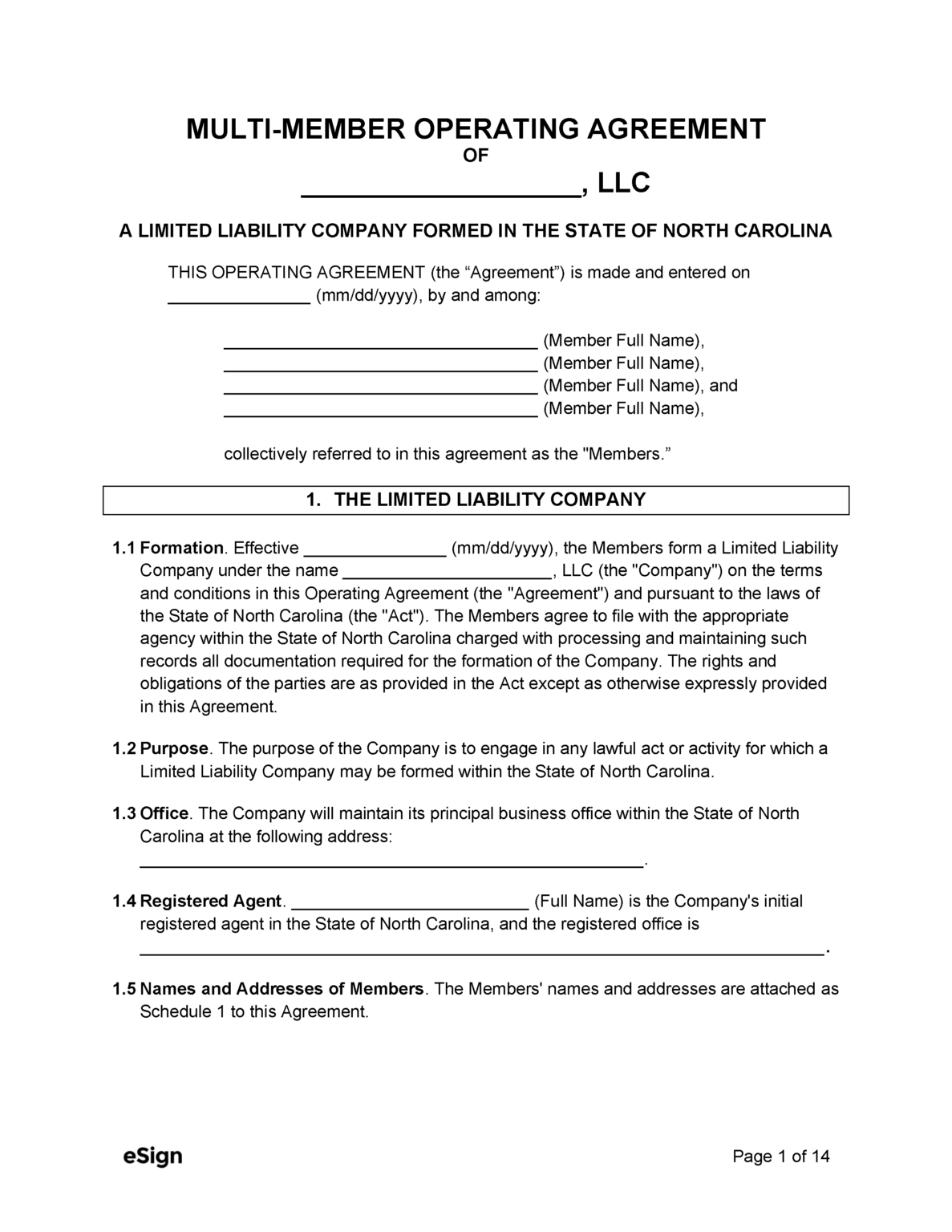 Free North Carolina LLC Operating Agreement Template PDF Word