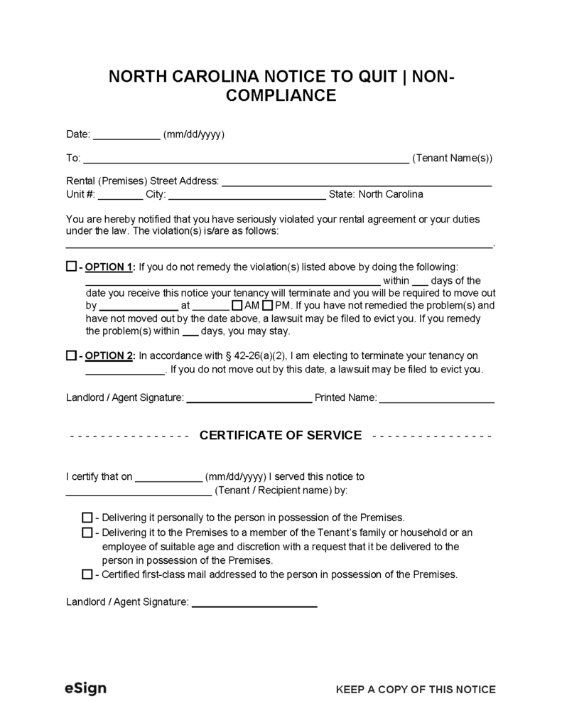 Free North Carolina Notice to Quit | Non-Compliance | PDF | Word