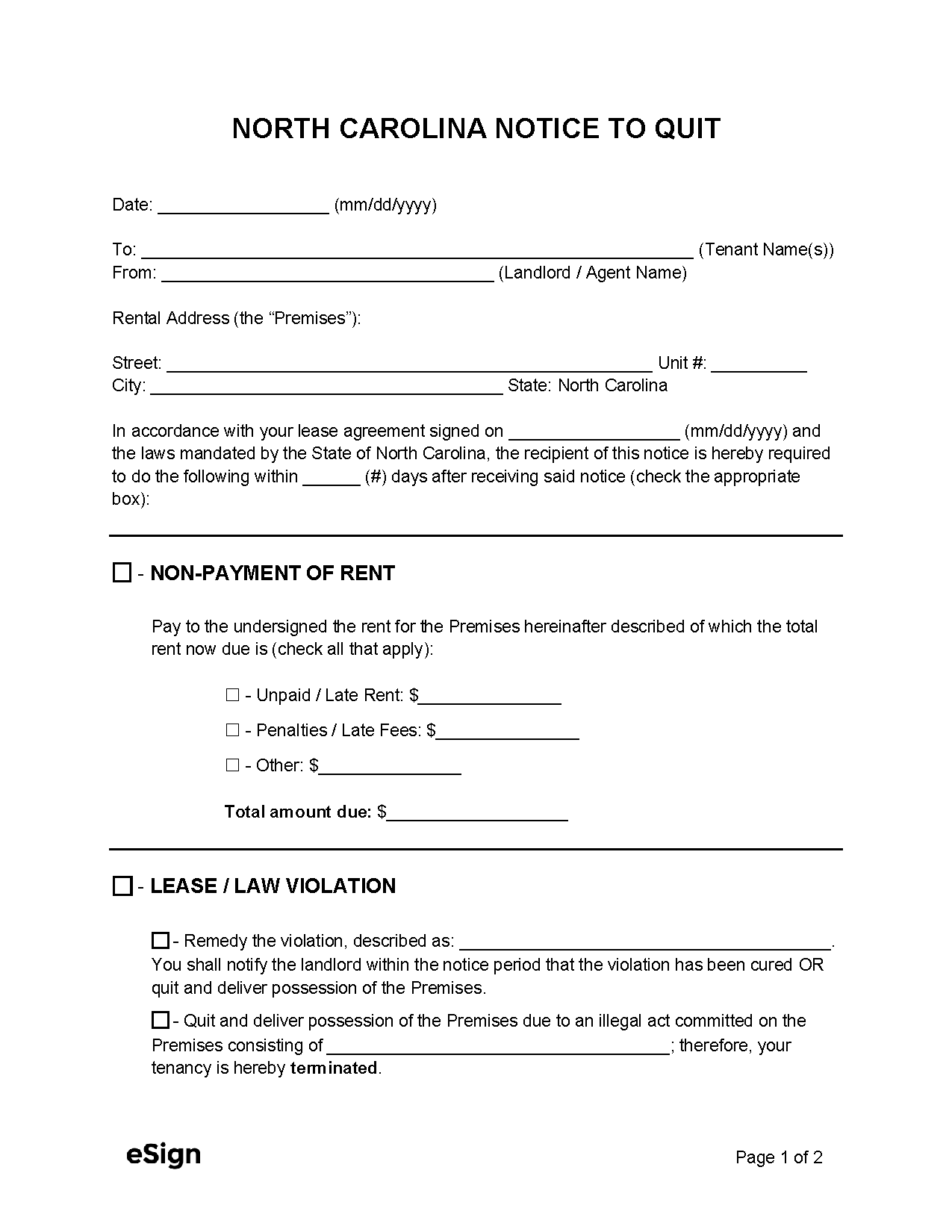 Free North Carolina Eviction Notice Templates Laws PDF Word