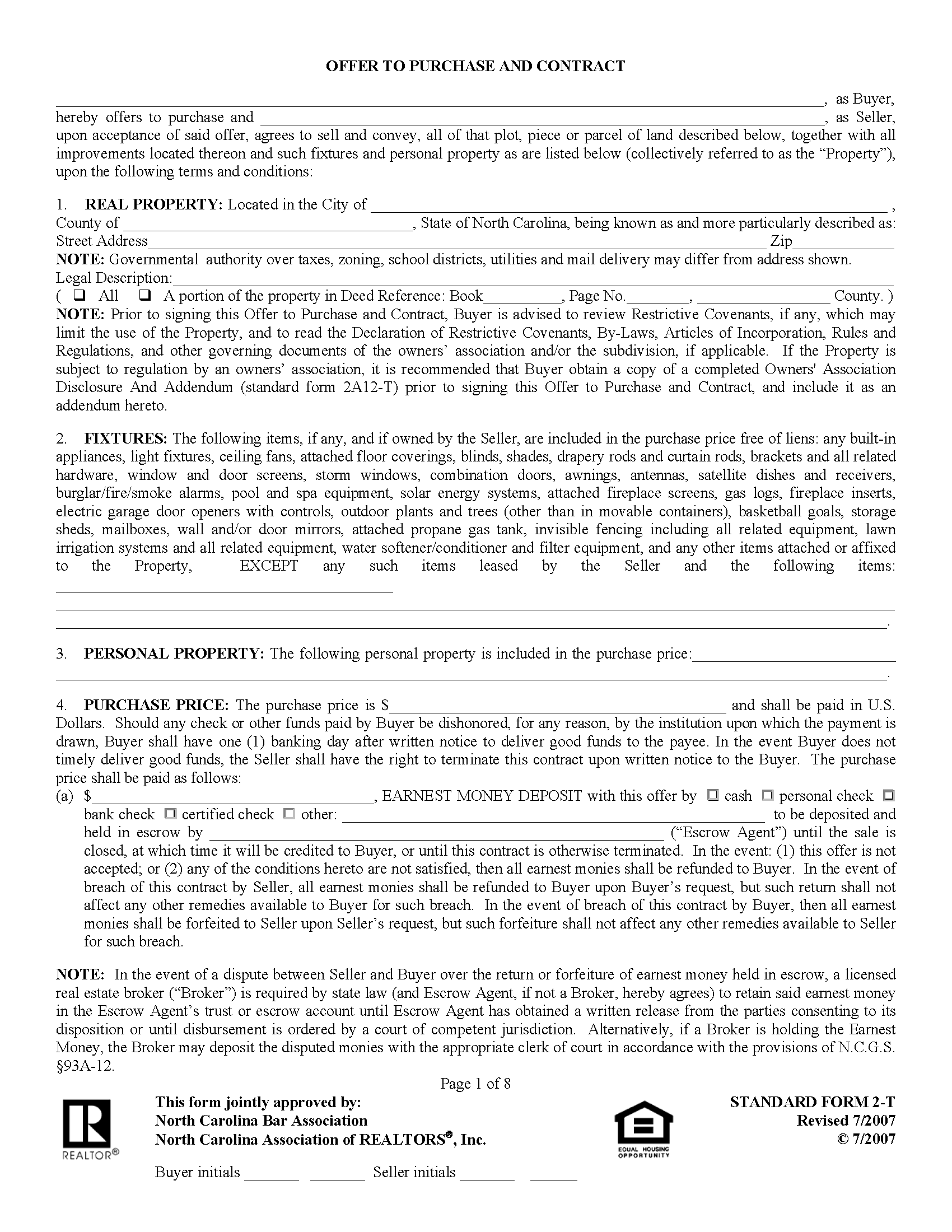Free North Carolina Residential Purchase and Sale Agreement PDF Word