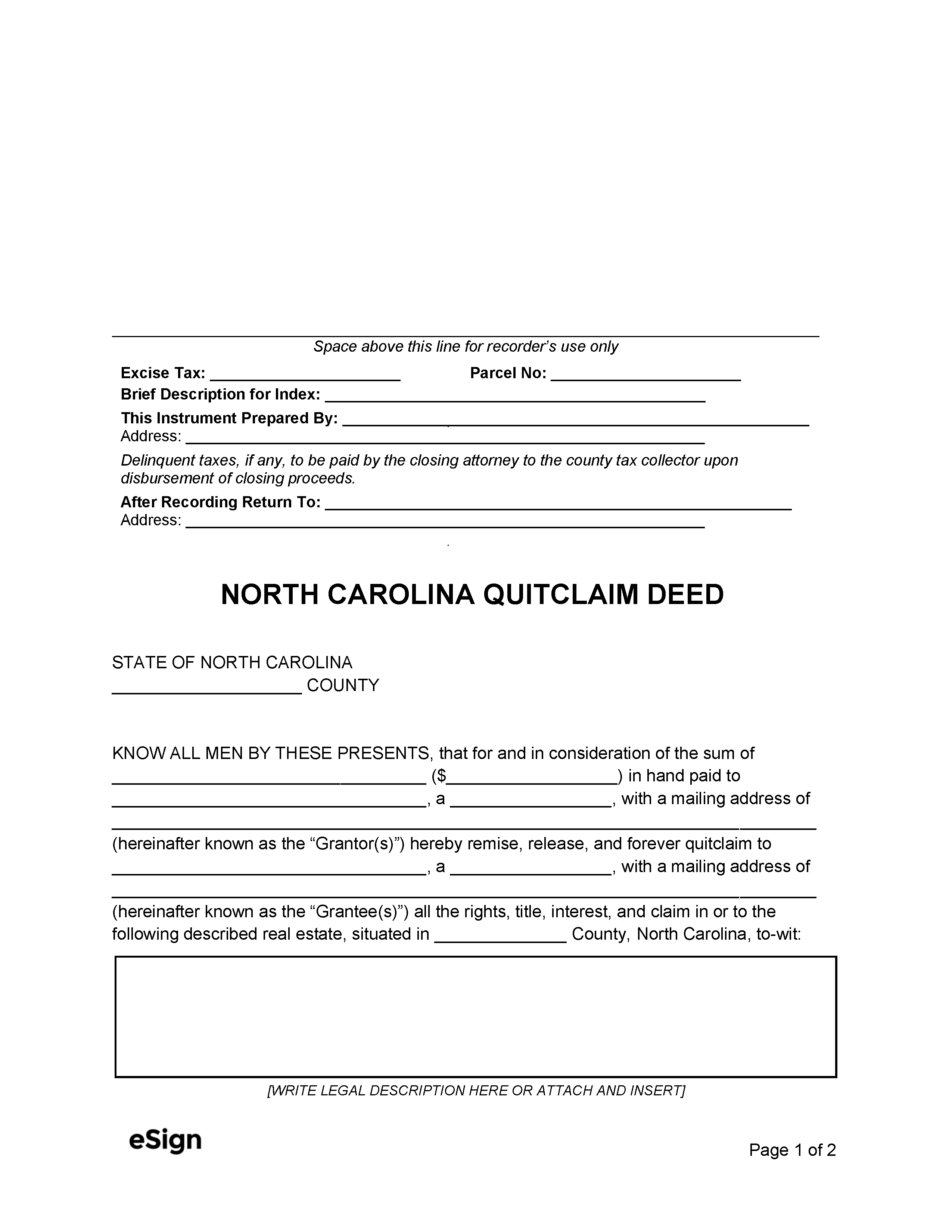 Free North Carolina Quit Claim Deed Form Word Pdf Efo 6423