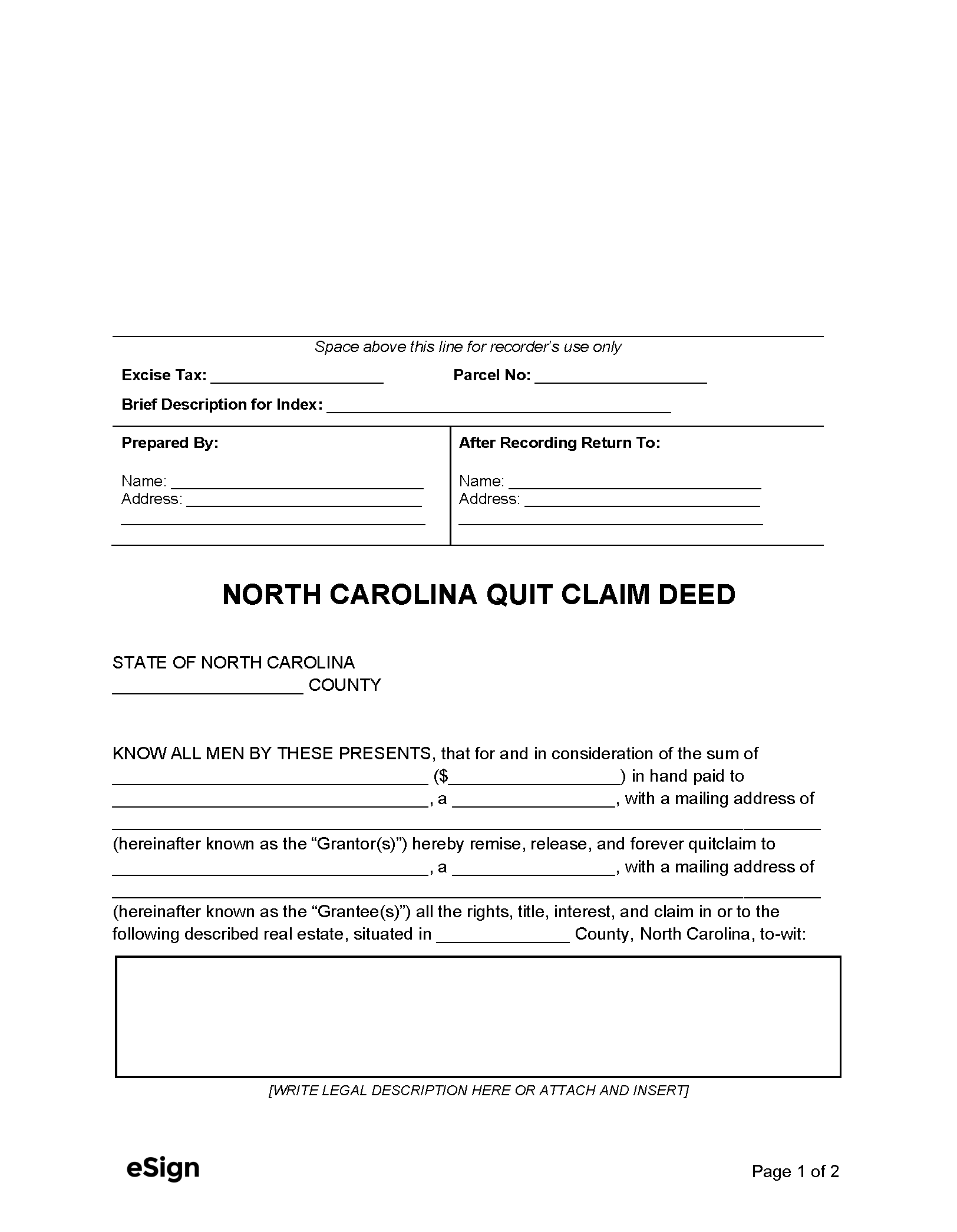 Free North Carolina Quit Claim Deed Form PDF Word