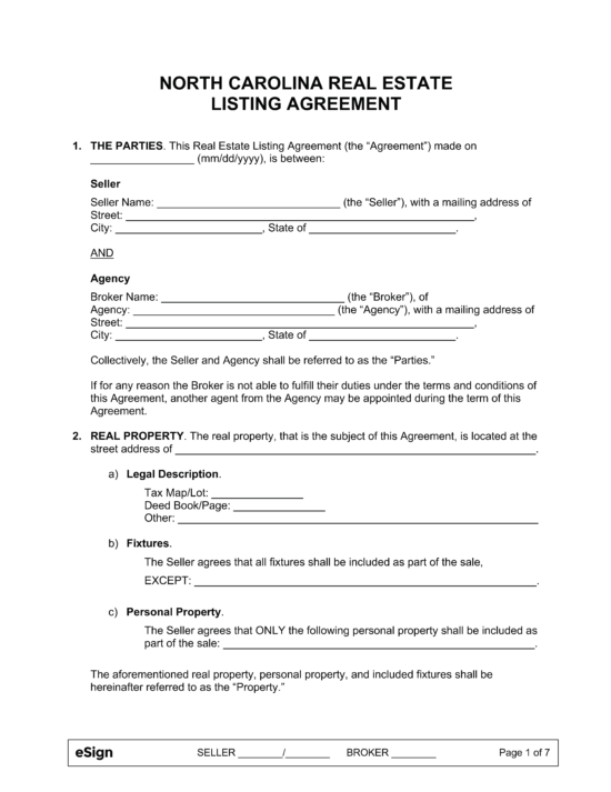 Free North Carolina Real Estate Listing Agreement PDF Word