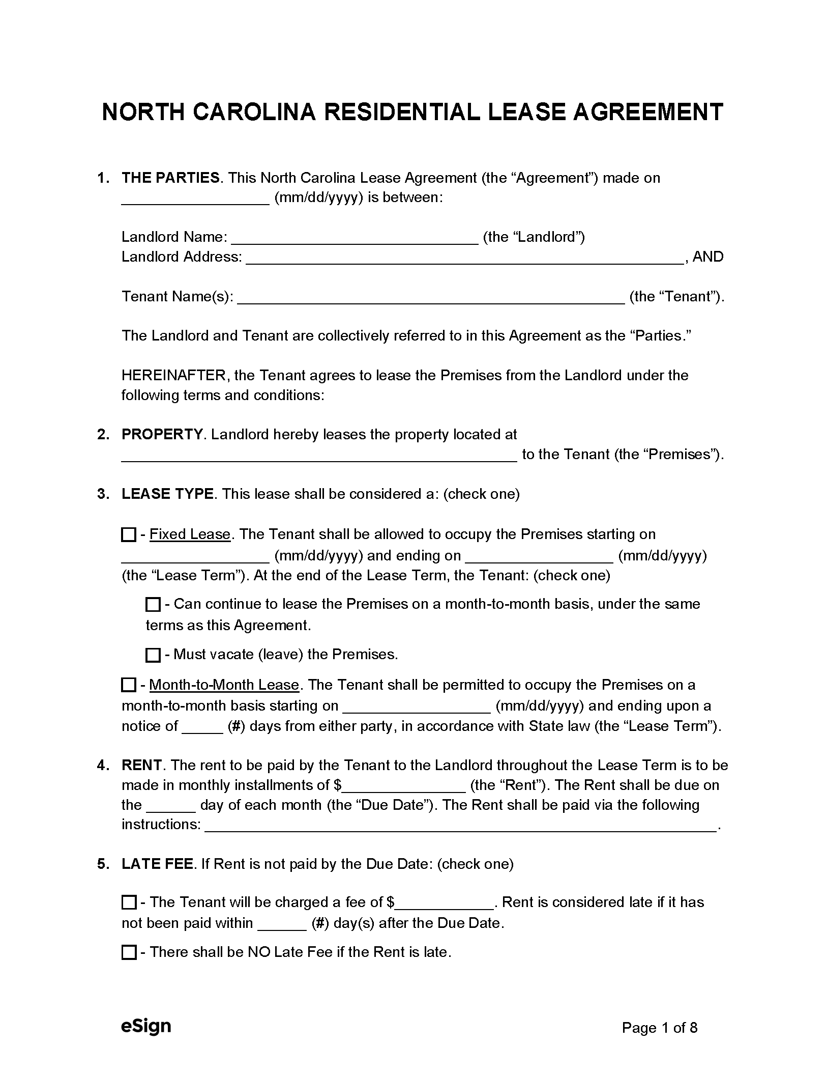 Free North Carolina Rental Lease Agreement Templates (6) PDF Word