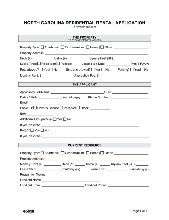 Free North Carolina Rental Application PDF Word