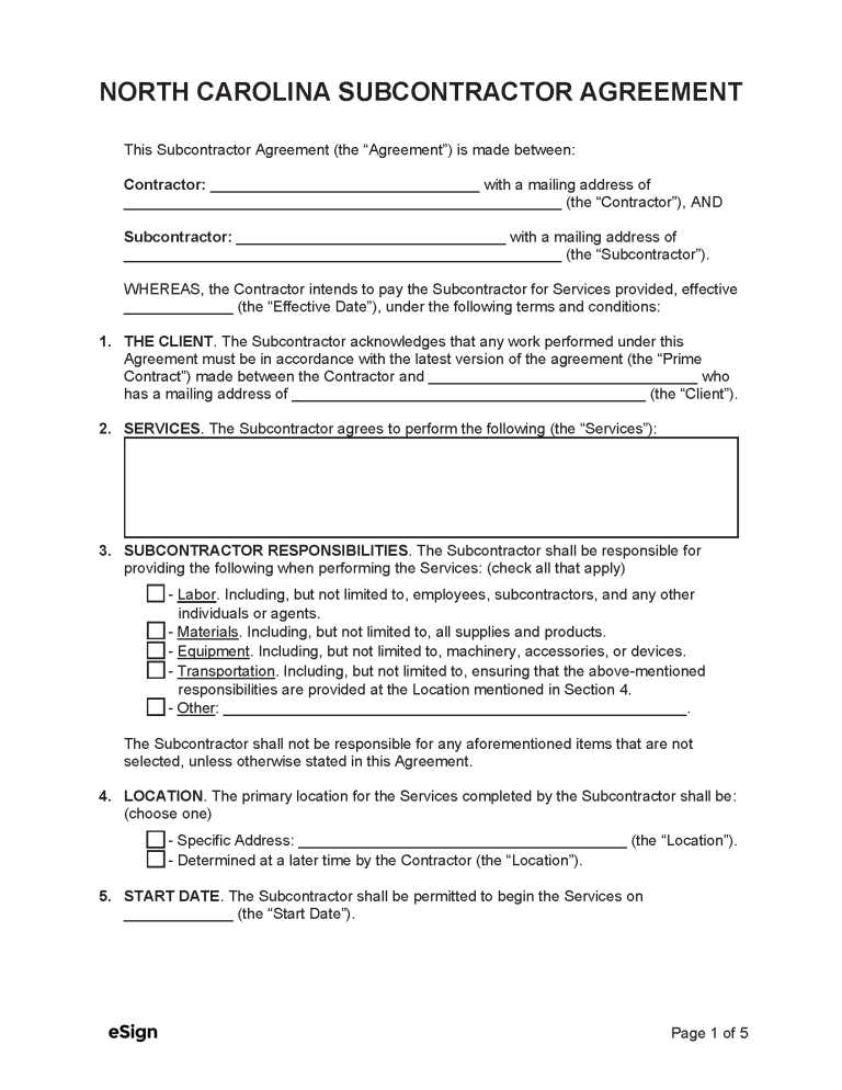 Free North Carolina Subcontractor Agreement | PDF | Word