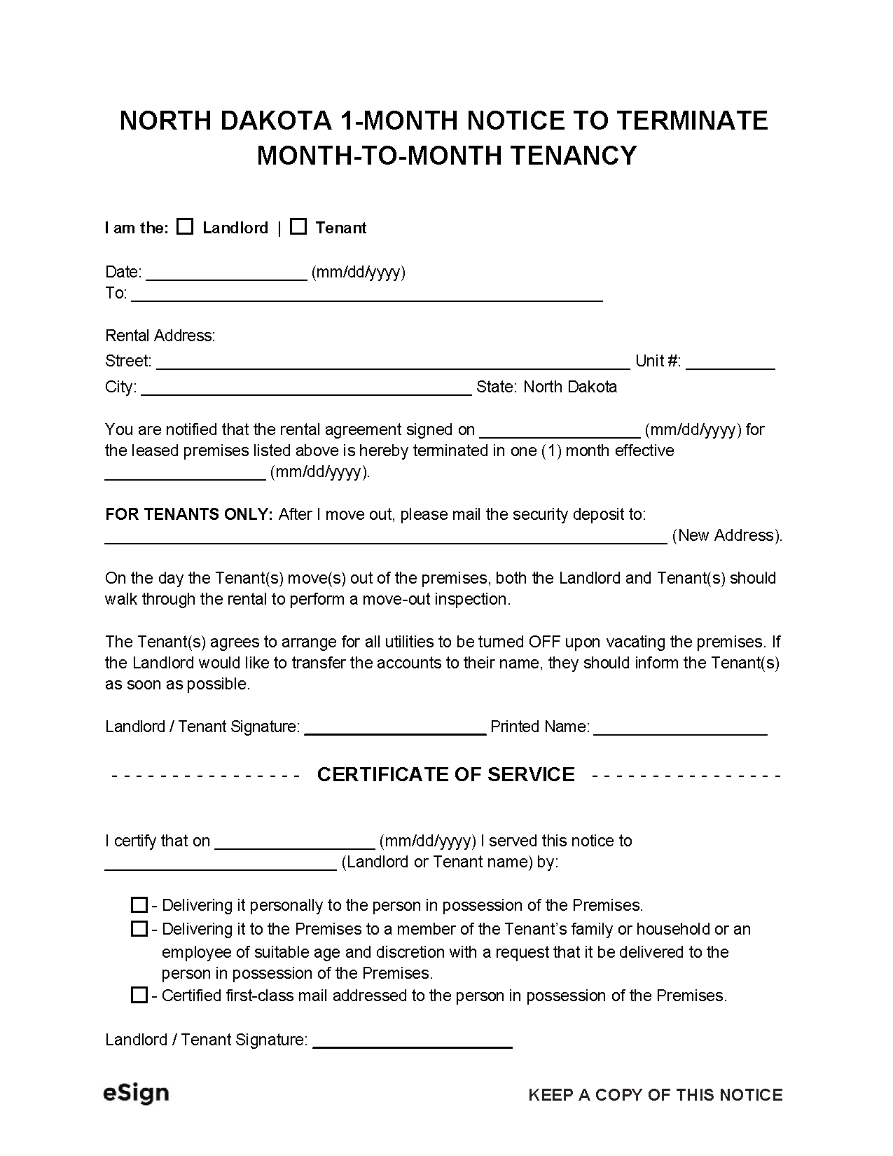 Free North Dakota 1 Month Notice To Quit Lease Termination Letter 