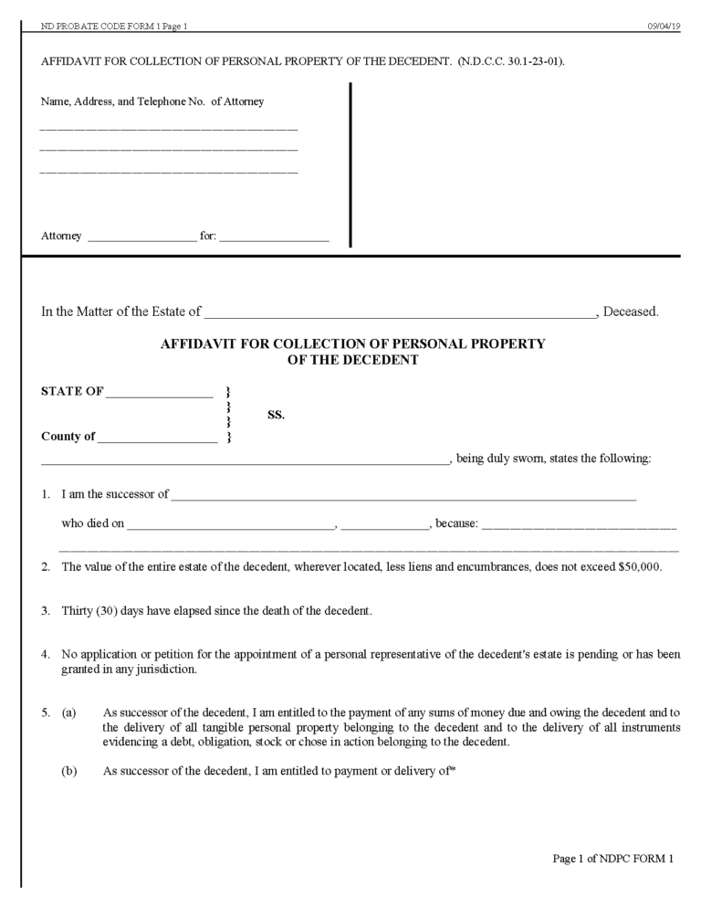 Free North Dakota Small Estate Affidavit Form | PDF