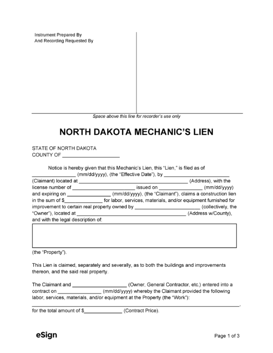 Free North Dakota Mechanic's Lien Form PDF Word