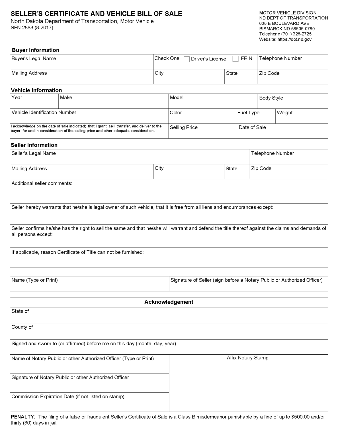 Free North Dakota Bill of Sale Forms | PDF