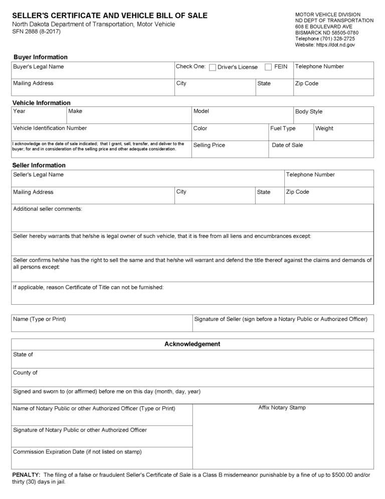 free-north-dakota-motor-vehicle-bill-of-sale-form-pdf