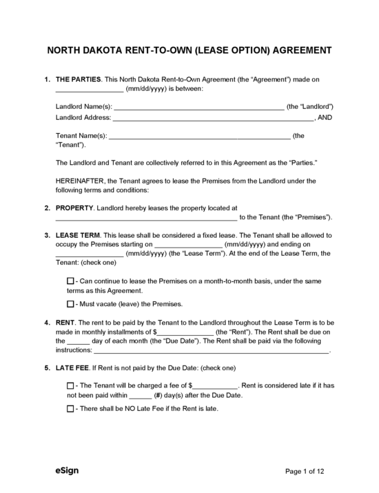 Free North Dakota RenttoOwn (Lease Option) Agreement PDF Word