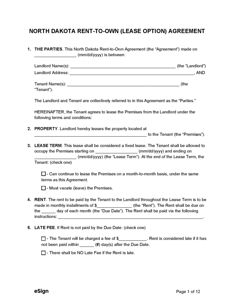 Free North Dakota RenttoOwn (Lease Option) Agreement PDF Word