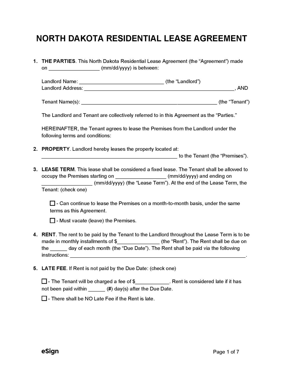 Free North Dakota Standard Residential Lease Agreement Template PDF
