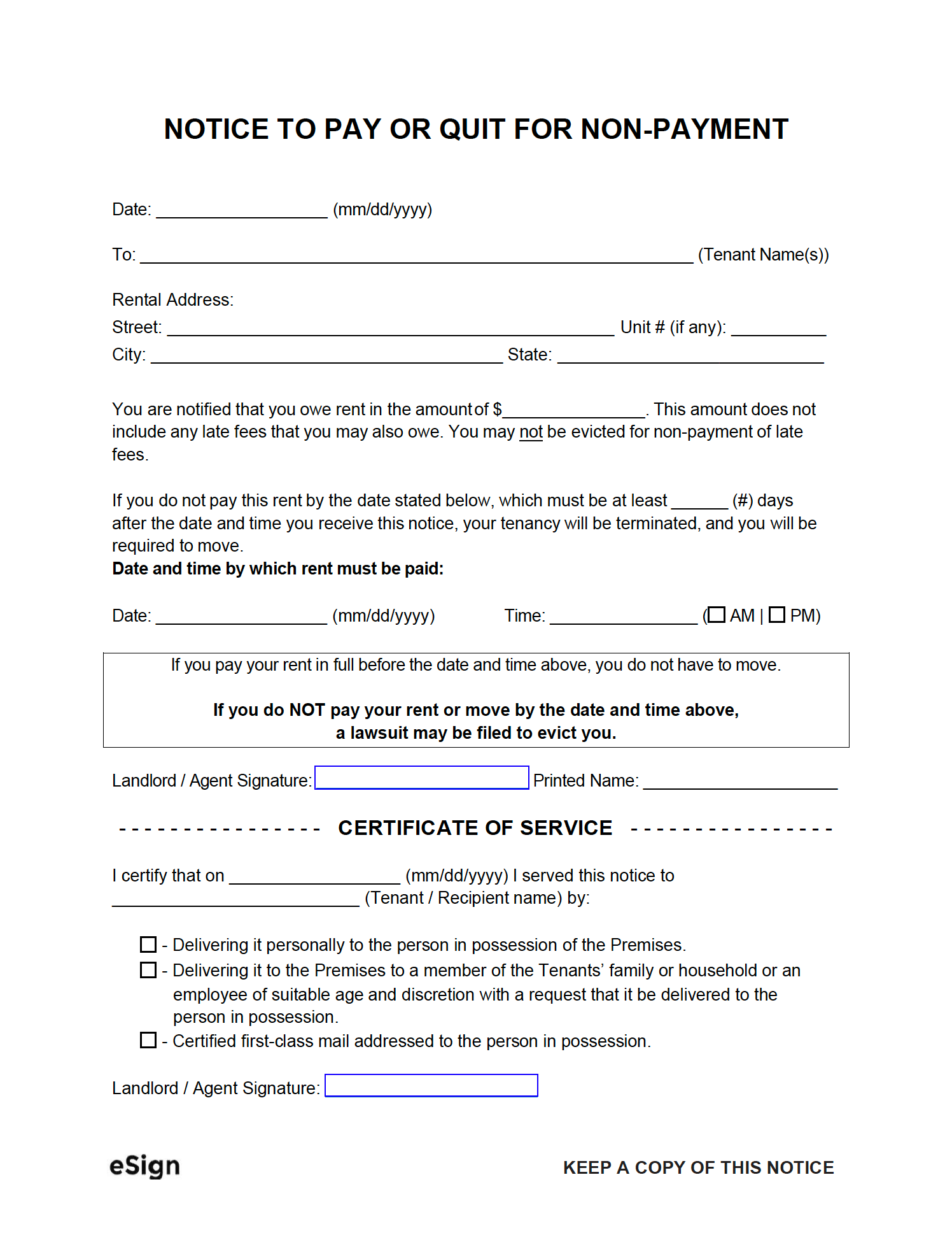 Free Notice To Pay Or Quit Templates Late Rent PDF Word