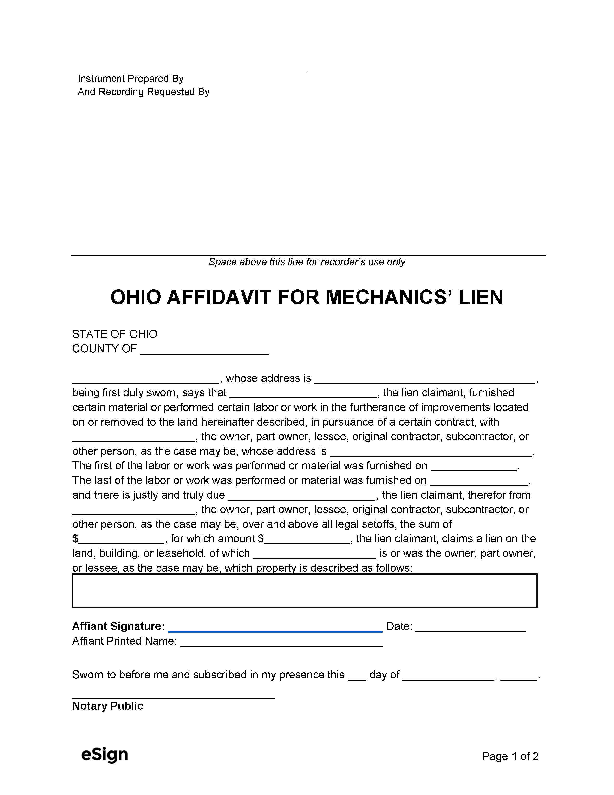 Free Ohio Mechanic's Lien Form PDF Word