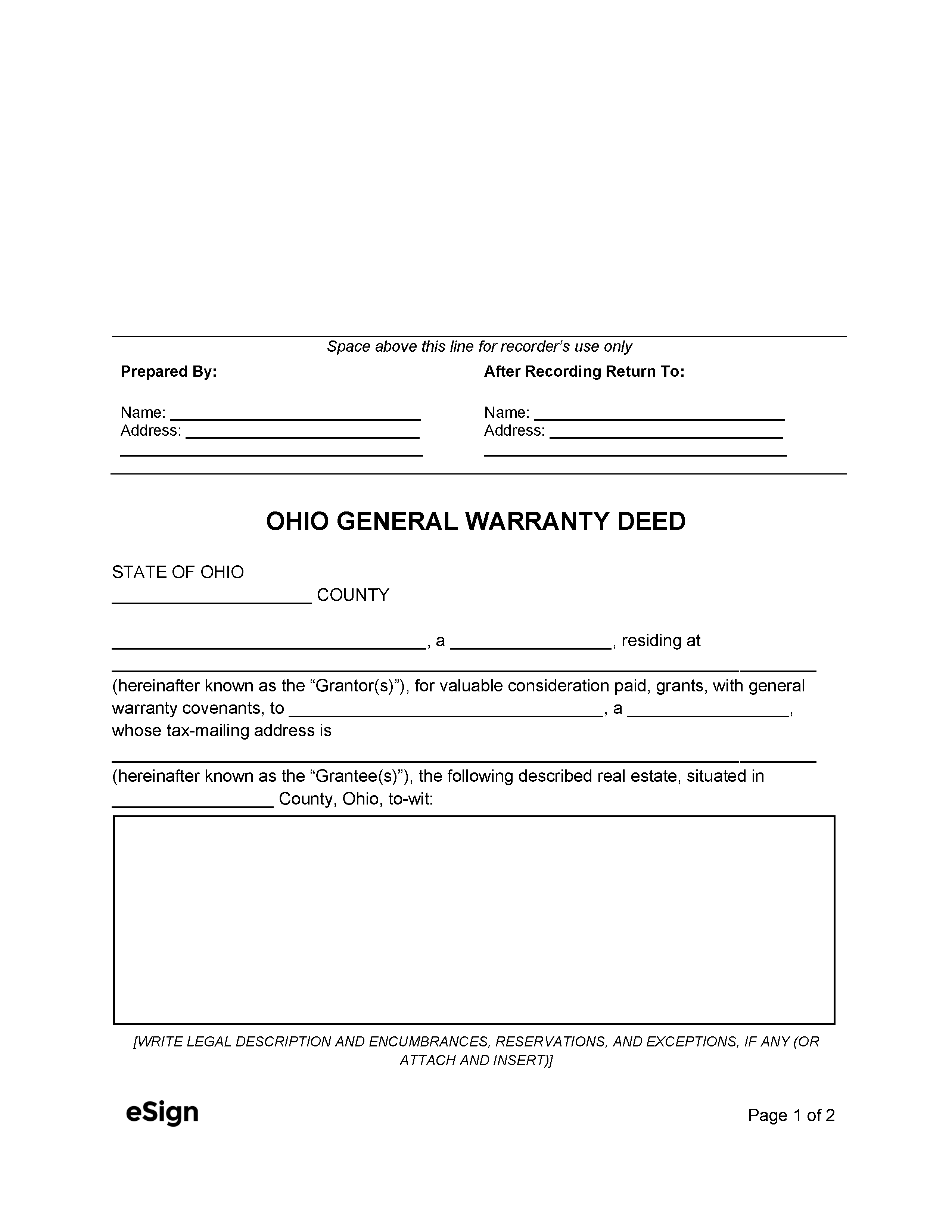 Free Ohio General Warranty Deed Form PDF Word