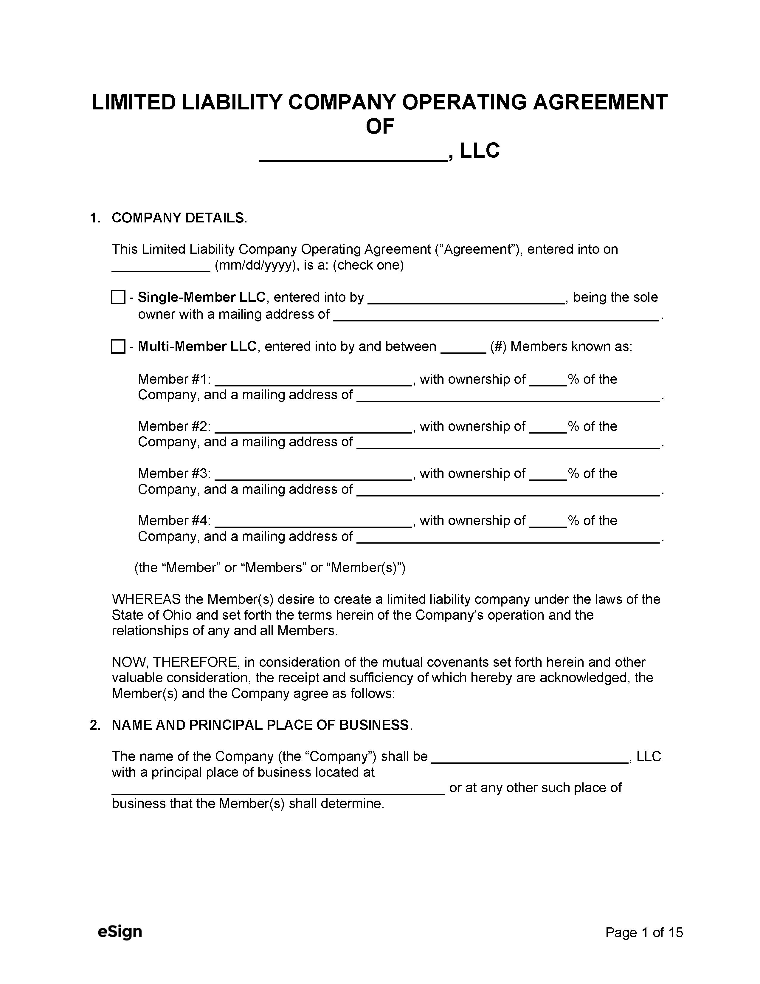 Free Ohio LLC Operating Agreement Template PDF Word