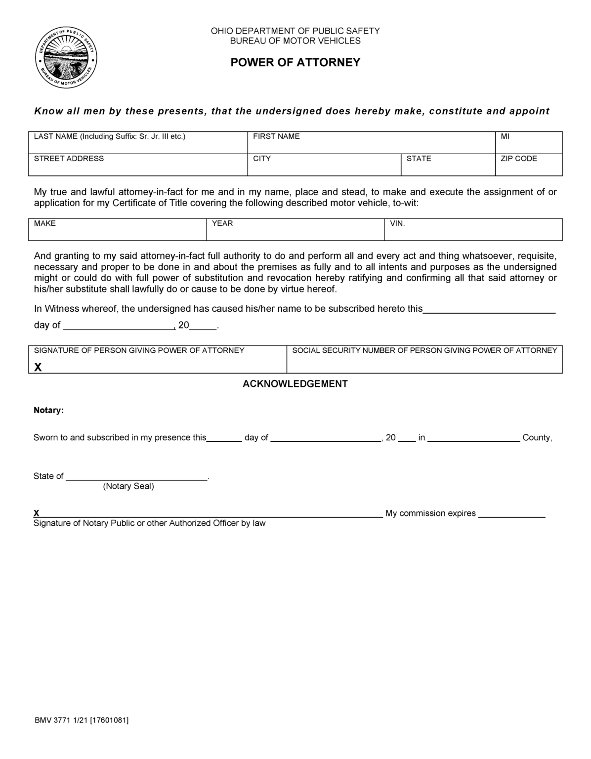 Free Ohio Motor Vehicle Power of Attorney (Form BMV 3771) PDF