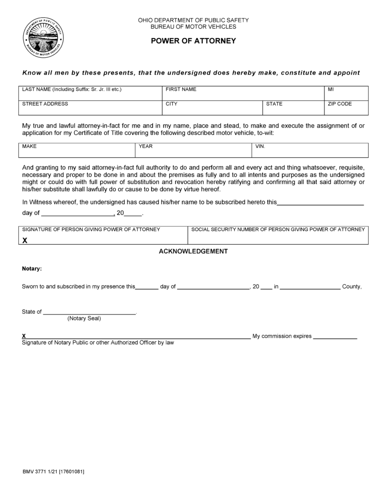 Free Ohio Motor Vehicle Power of Attorney (Form BMV 3771) | PDF