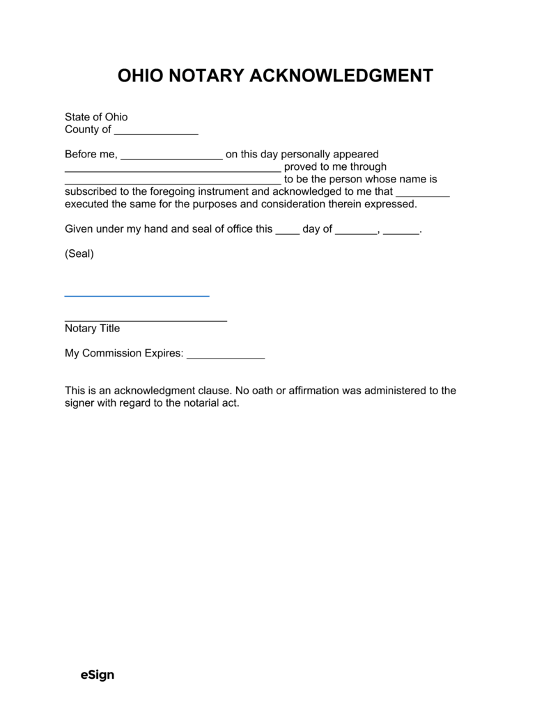 Free Ohio Notary Acknowledgment Form | PDF | Word