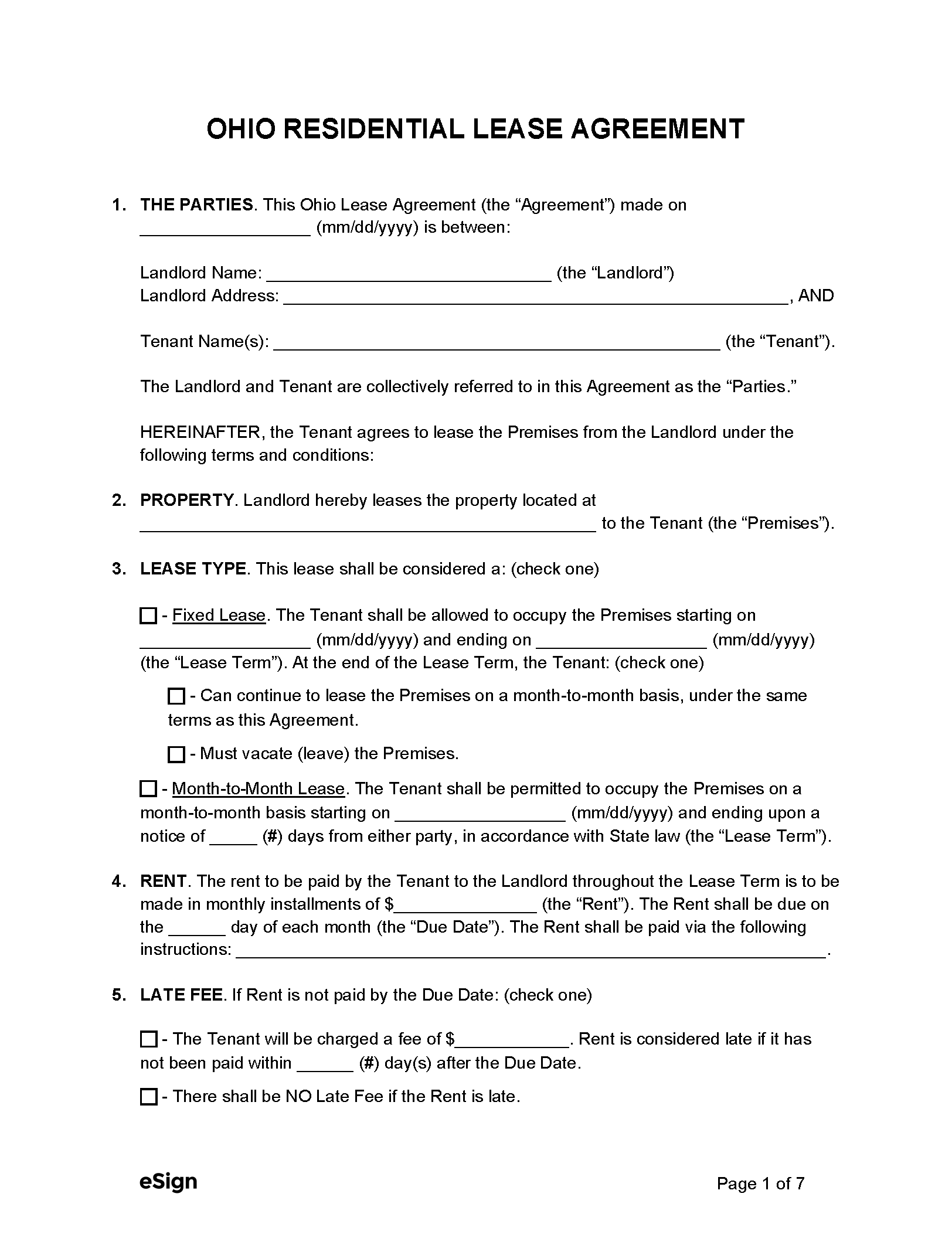 Free Ohio Rental Lease Agreements  Laws - PDF  Word Throughout free rent to own agreement template