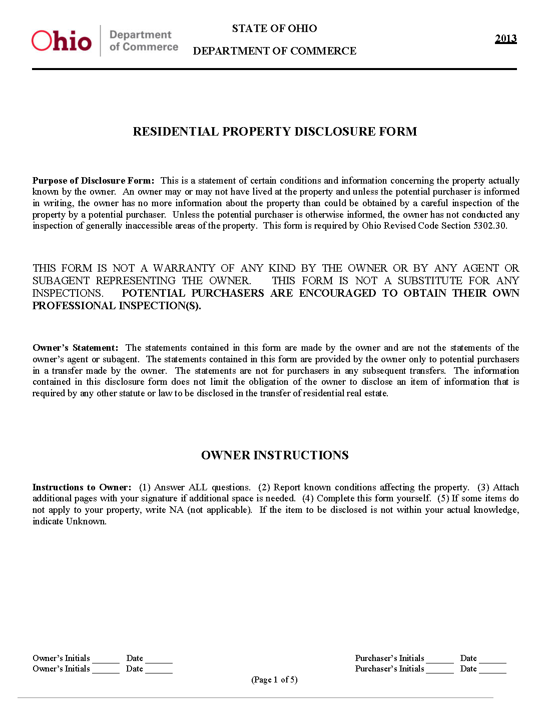 Free Ohio Property Disclosure Statement PDF