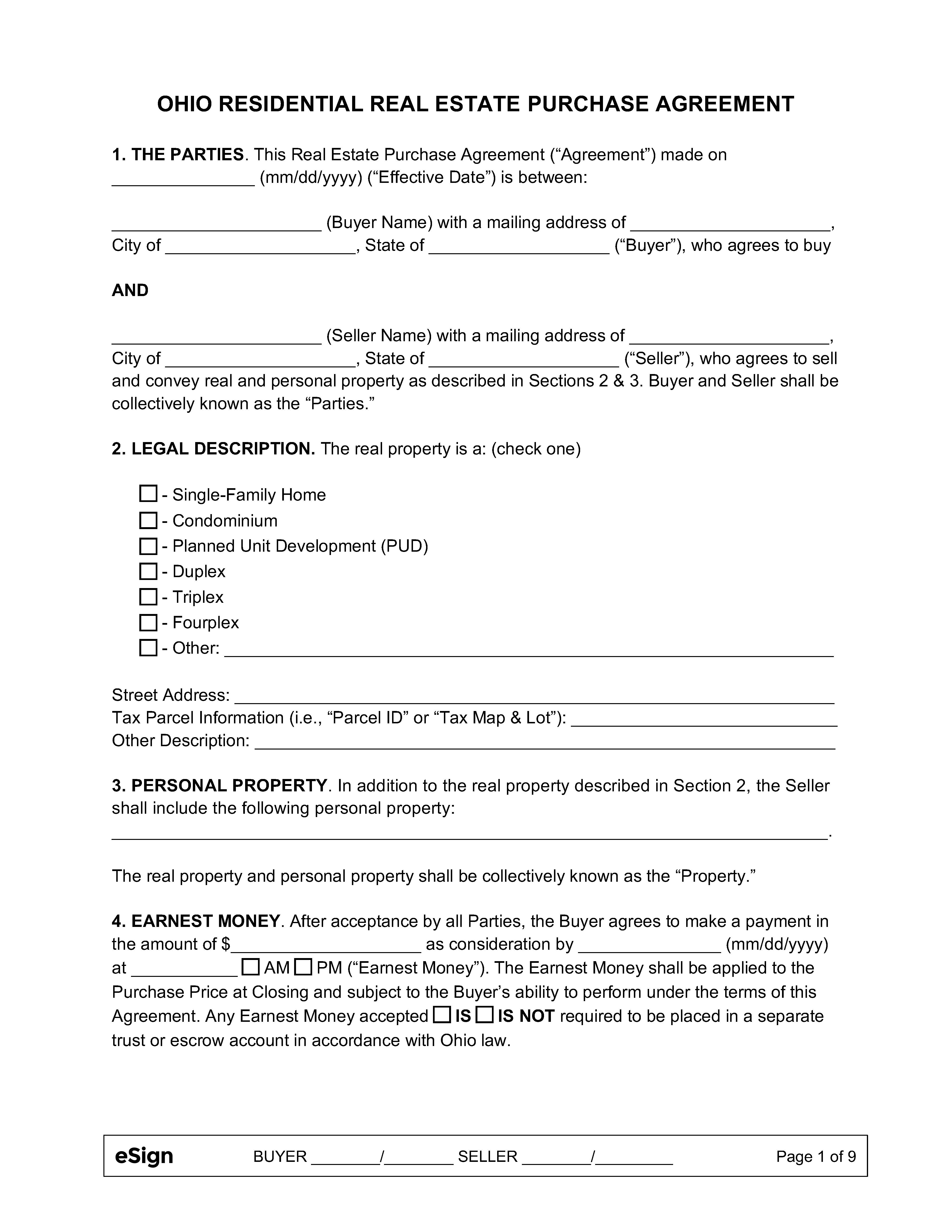 Free Ohio Residential Purchase and Sale Agreement PDF Word