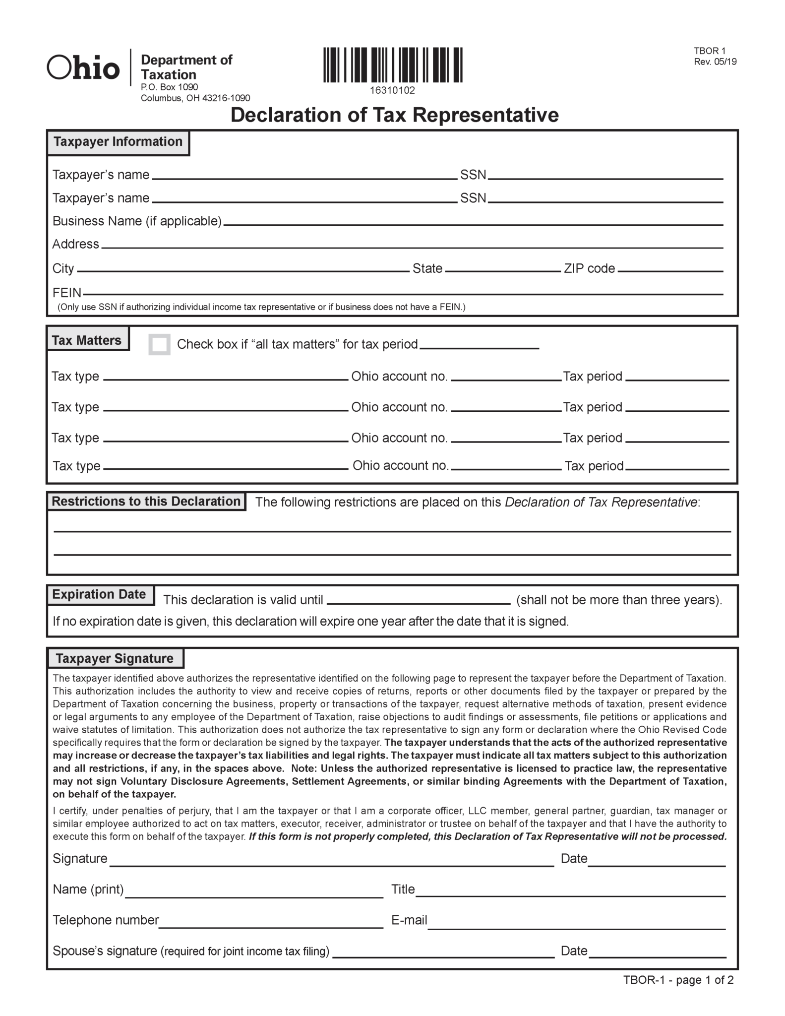 Free Ohio Tax Power of Attorney (Form TBOR 1) PDF