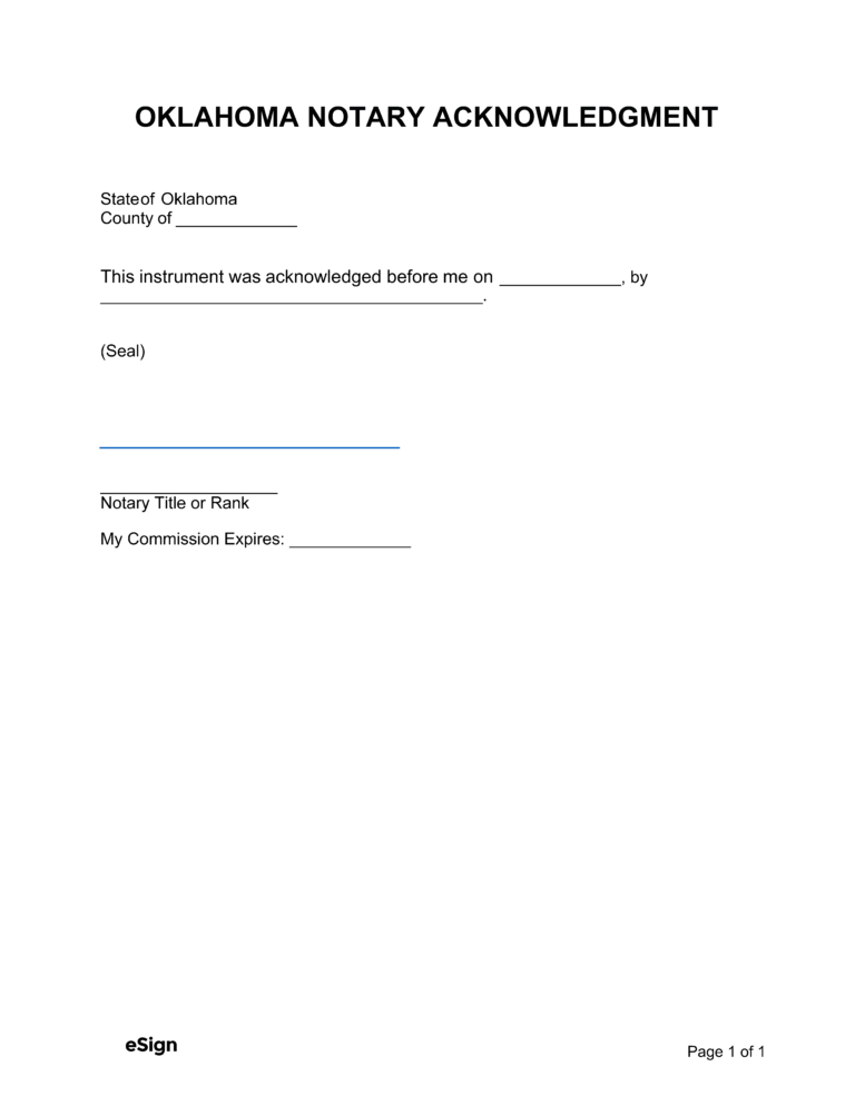 Free Oklahoma Notary Acknowledgment Form | PDF | Word