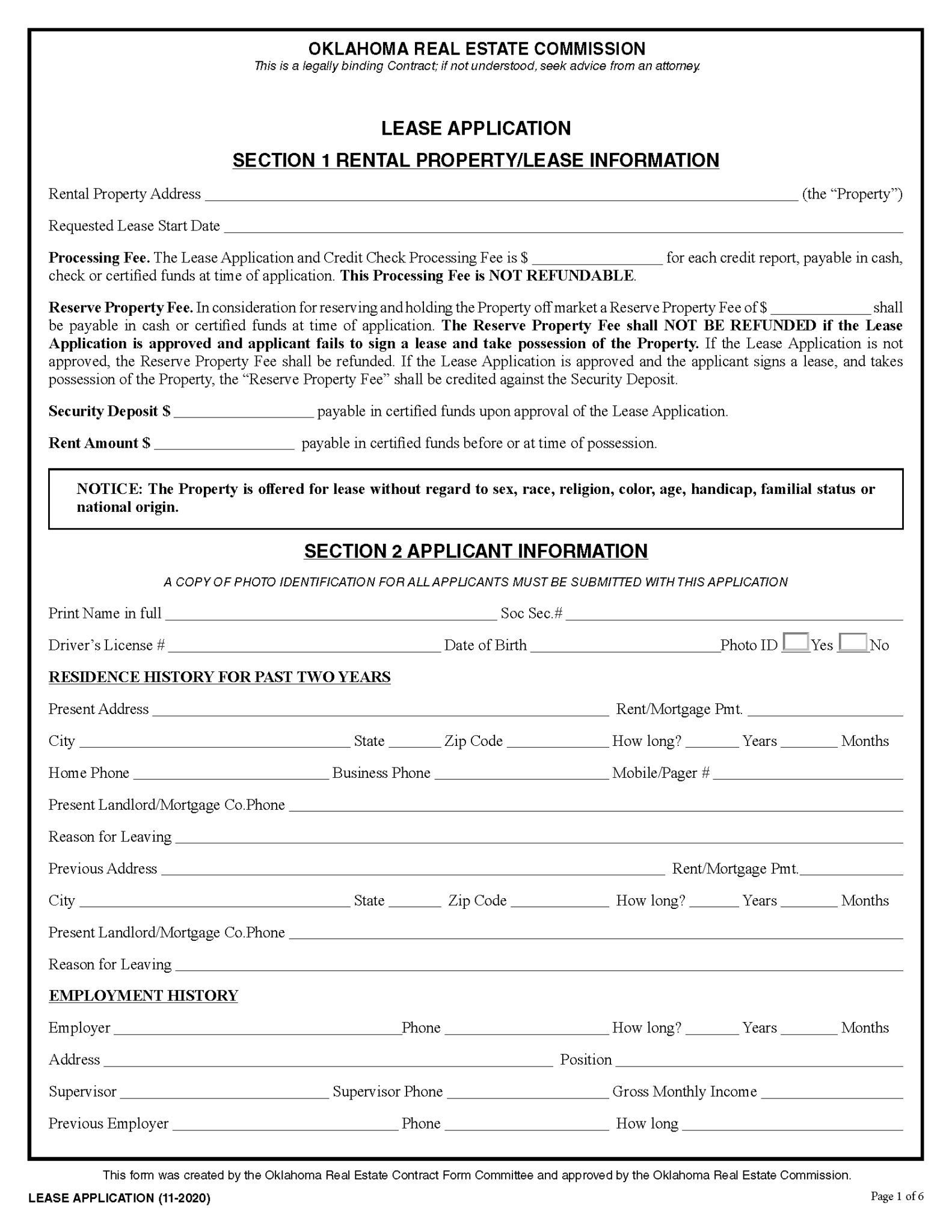 Free Oklahoma Rental Application Form Pdf Word 6798