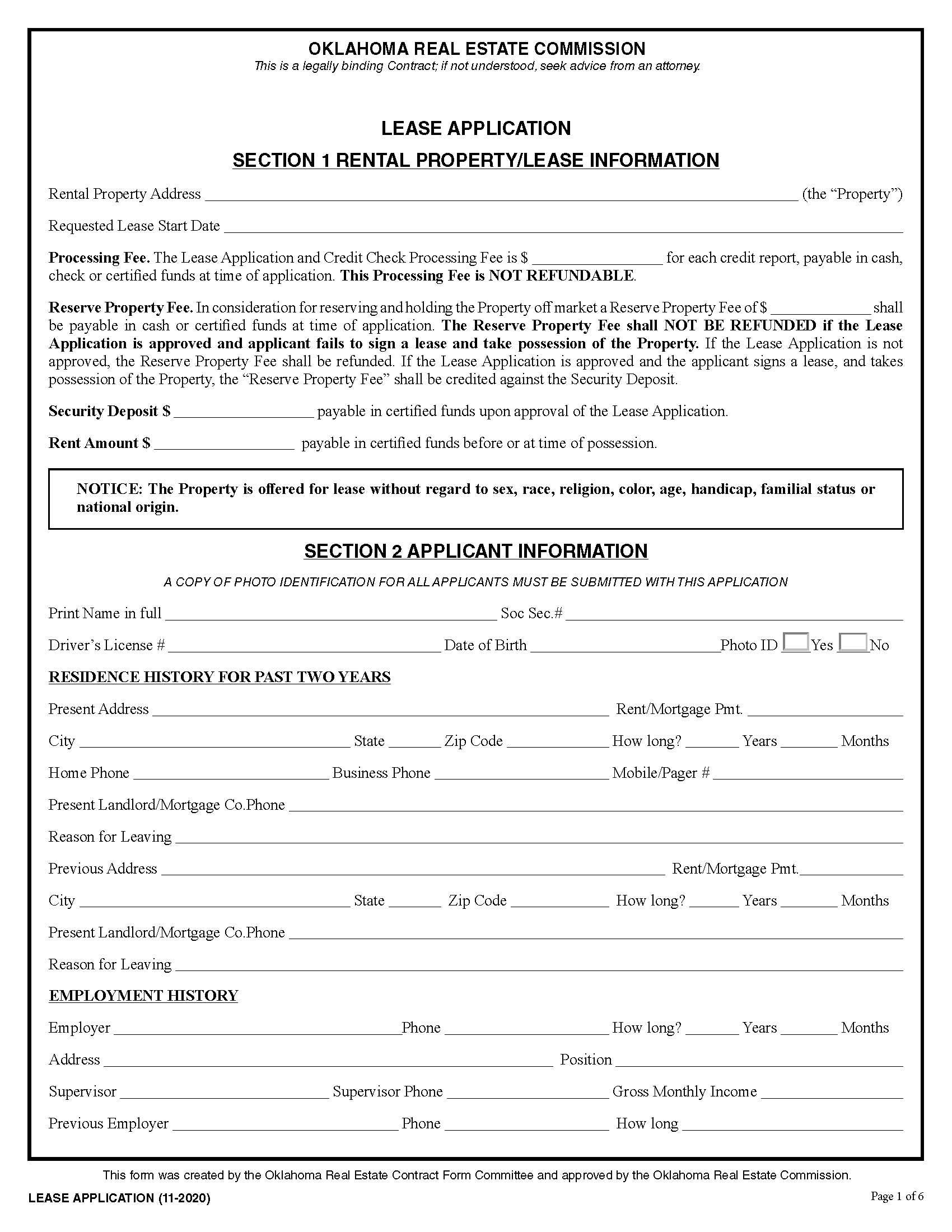 Free Oklahoma Rental Application Form PDF Word