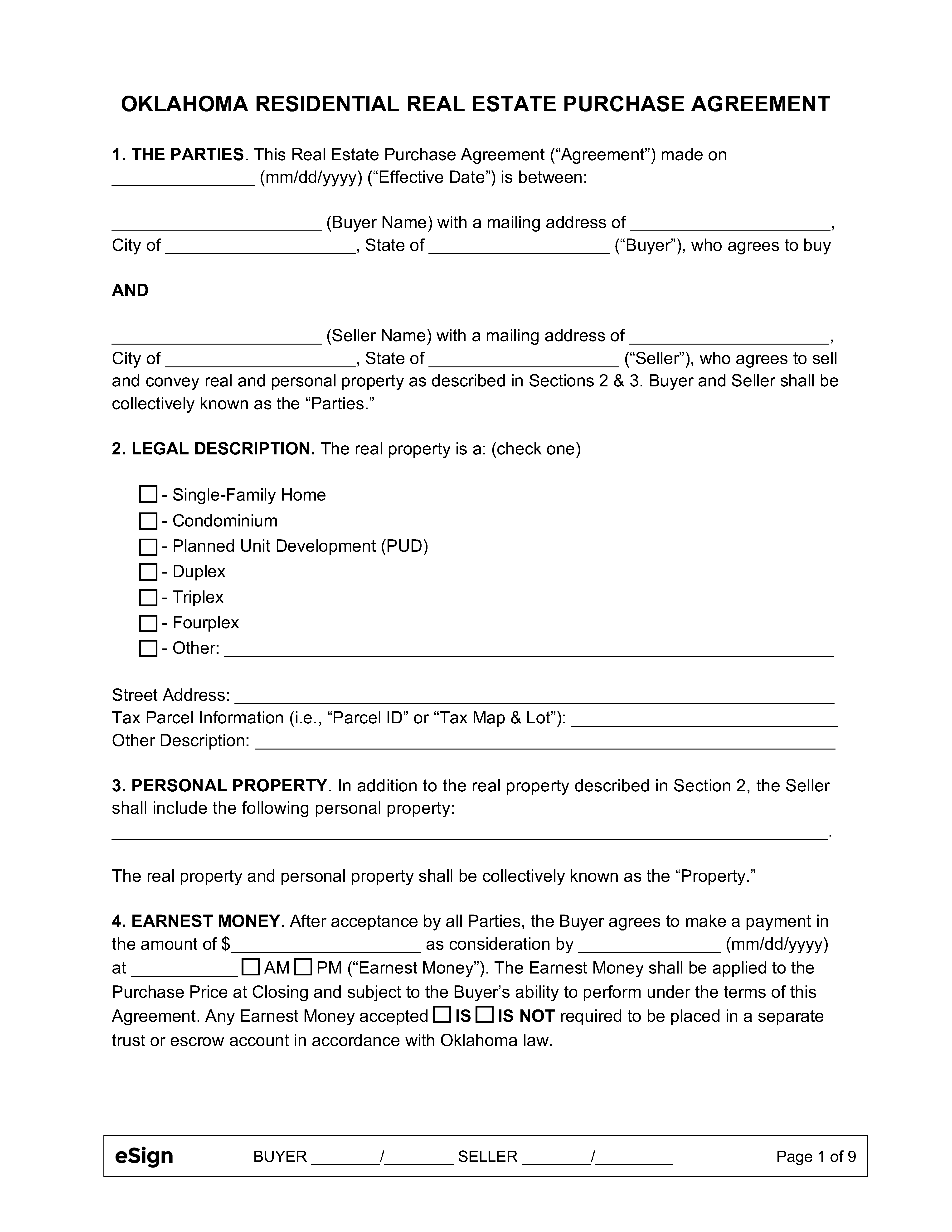 Free Oklahoma Residential Purchase And Sale Agreement PDF Word