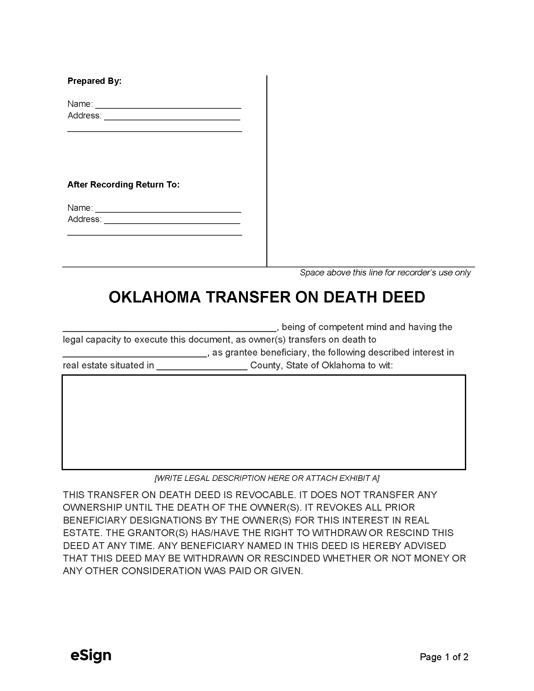 Free Printable Transfer On Death Deed Form Near Oklahoma City Ok