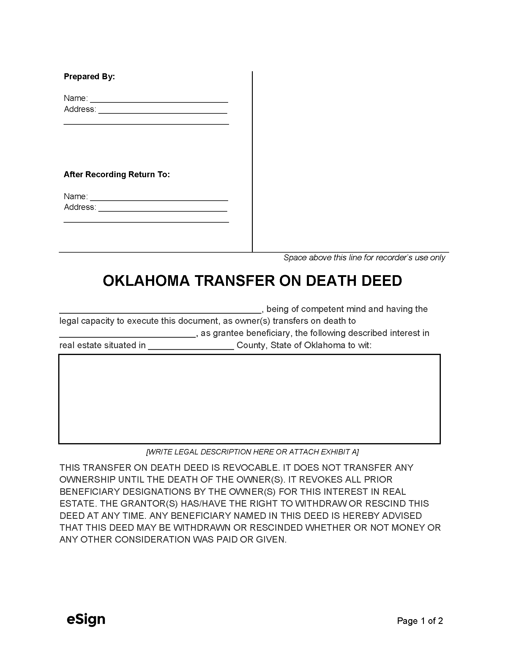 Free Oklahoma Transfer On Death Deed Form PDF Word
