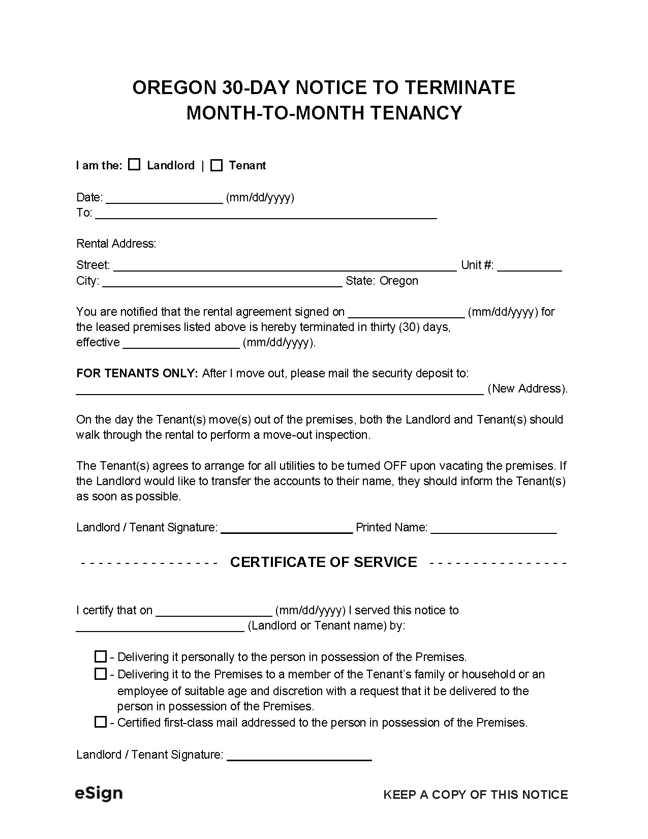 30Day Notice To Landlord Oregon Template