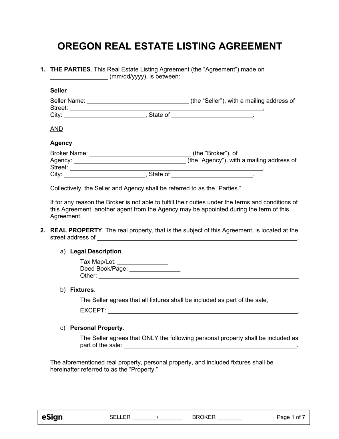 Free Oregon Real Estate Listing Agreement PDF Word
