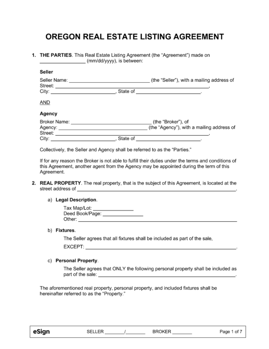 Free Oregon Real Estate Listing Agreement PDF Word