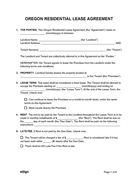 Free Oregon Standard Residential Lease Agreement Template PDF Word