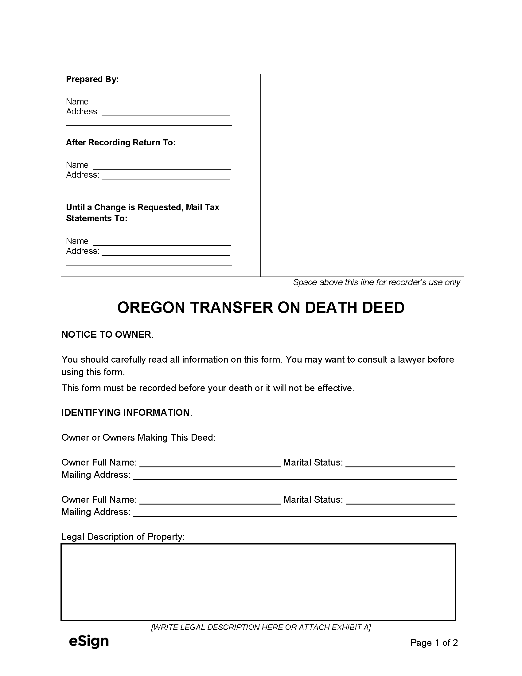 Free Oregon Transfer on Death Deed | PDF | Word