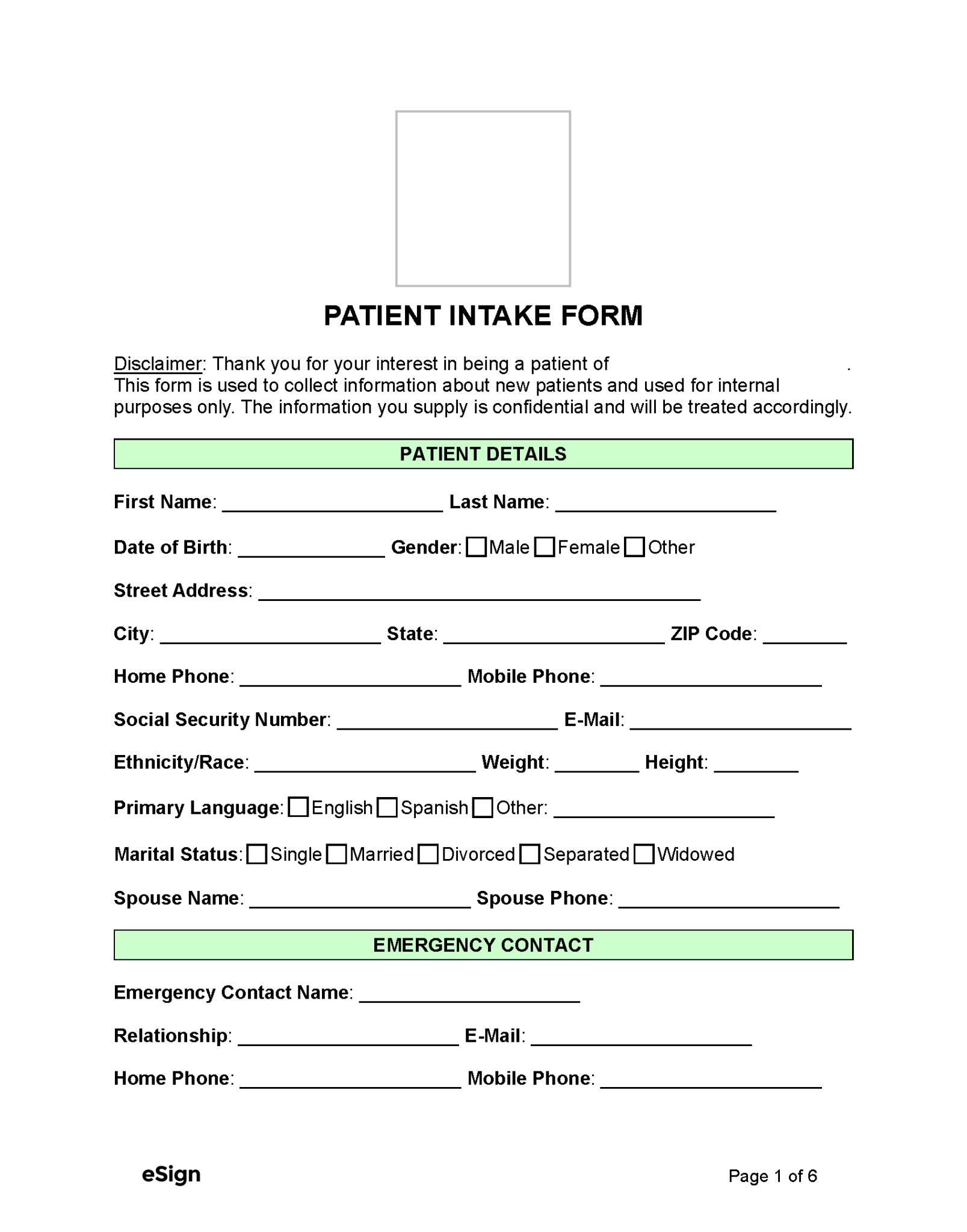 Free Patient (Medical) Intake Form | PDF | Word